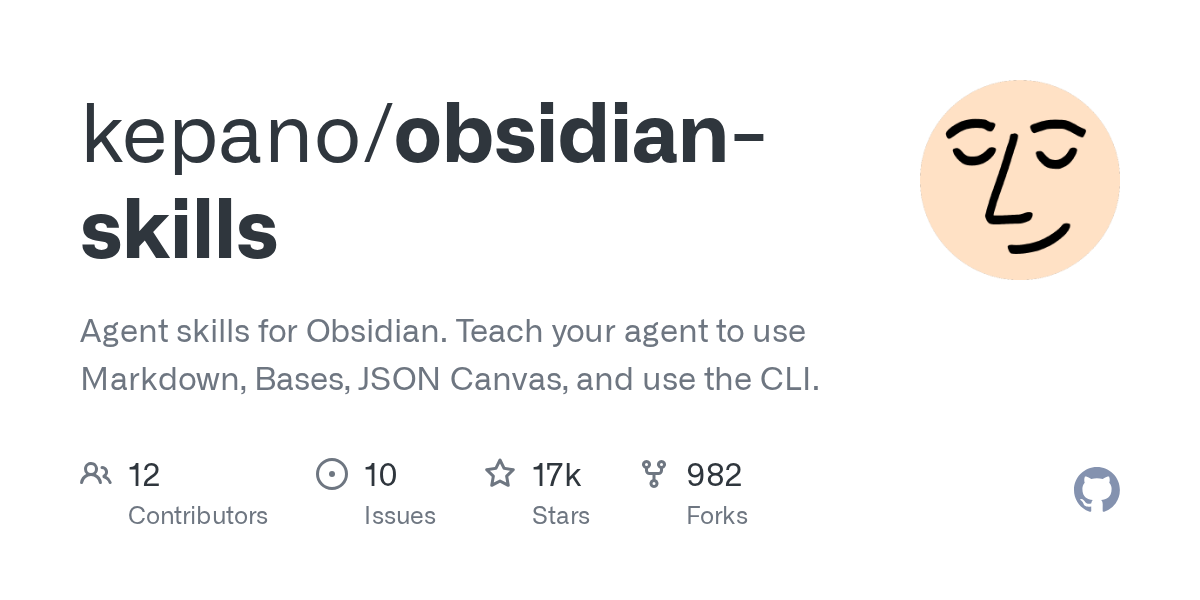 Agent skills for Obsidian. Teach your agent to use Markdown, Bases, JSON Canvas, and use the CLI.