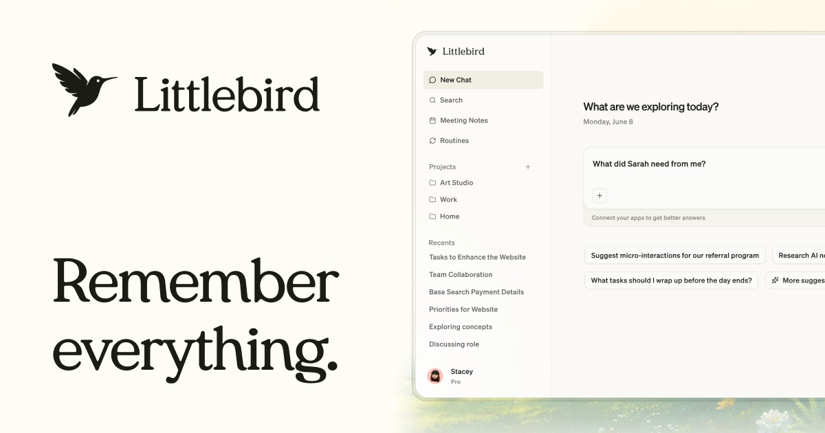 Littlebird AI remembers your work, delivers smarter help.