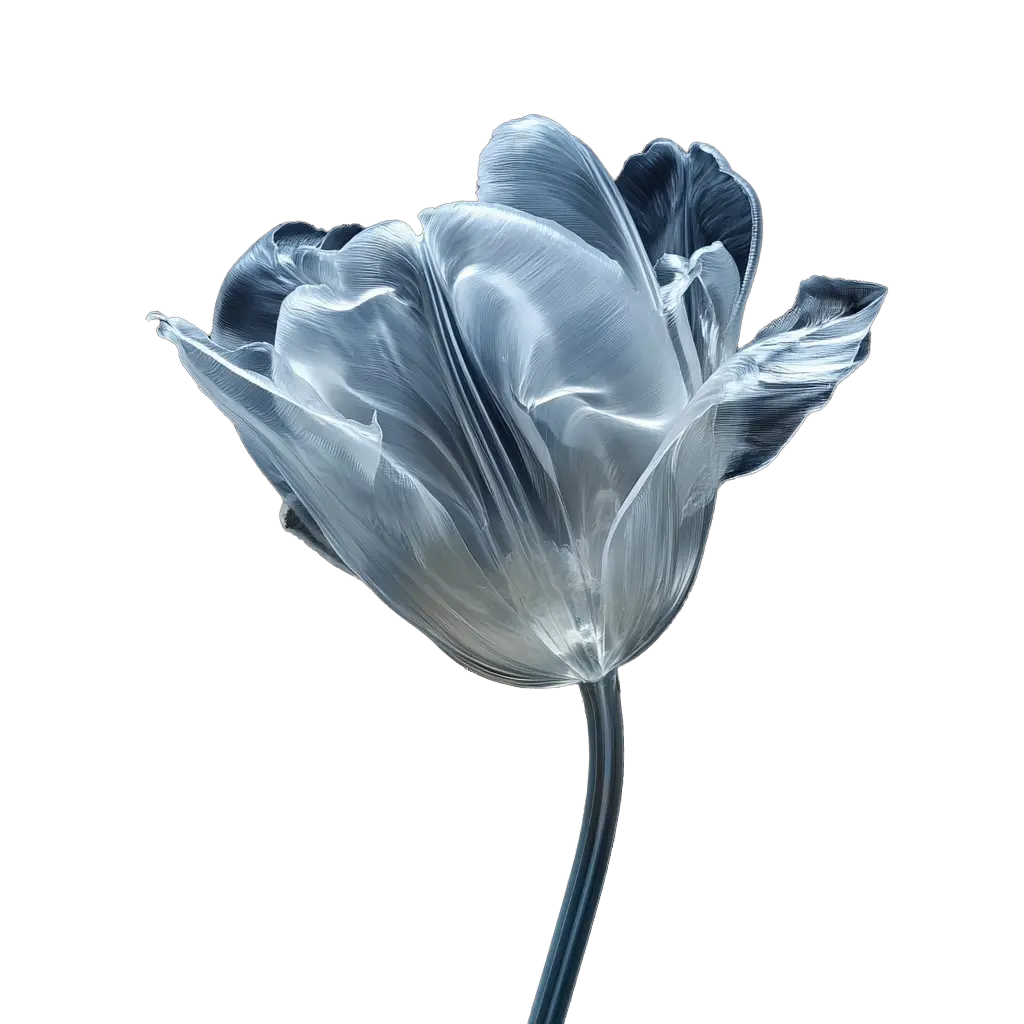 Glass Tulip Sculpture - Ethereal translucent art piece with blue-gray tint. Handcrafted flowing petals create elegant