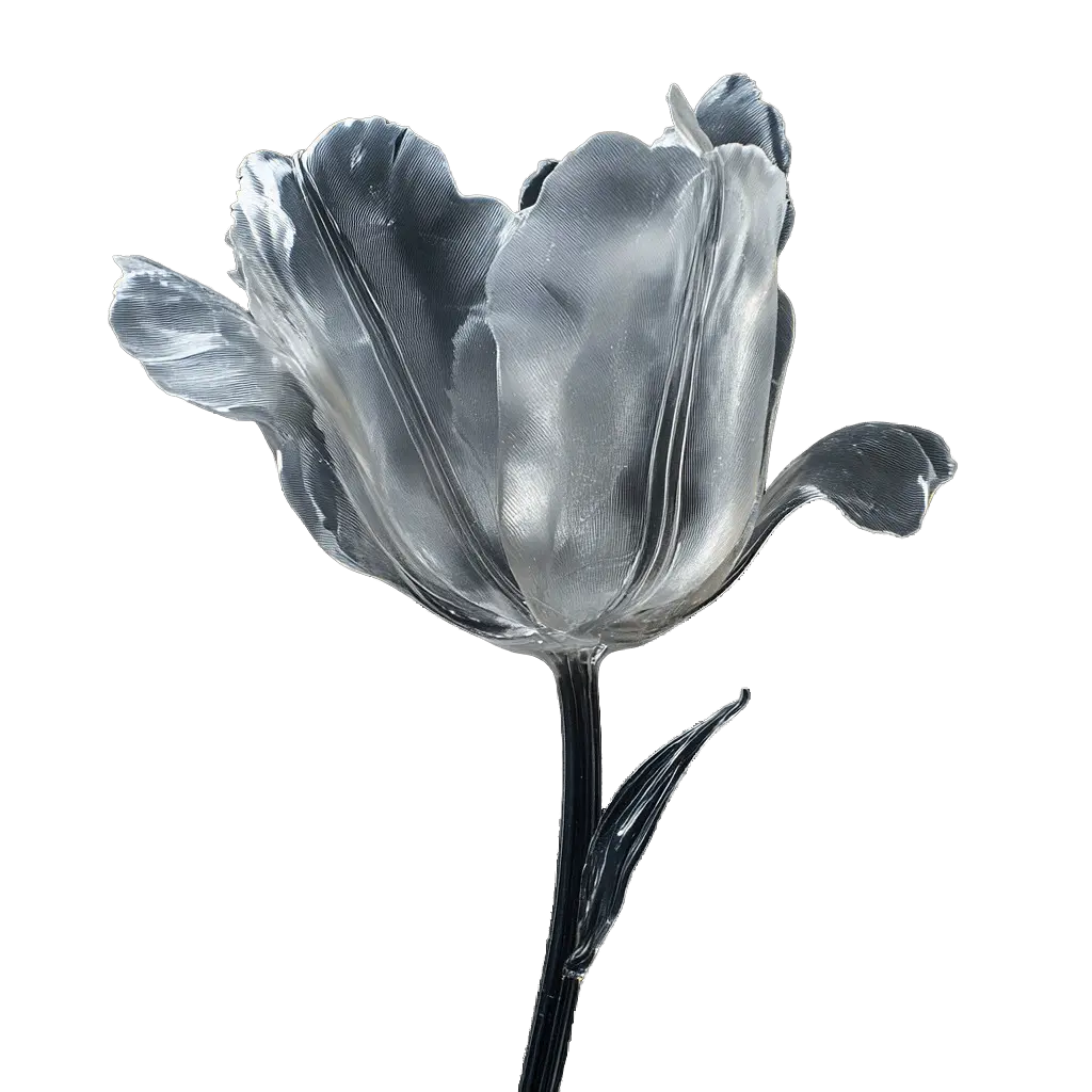 Glass Tulip Sculpture - Ethereal translucent art piece with blue-gray tint. Handcrafted flowing petals create elegant