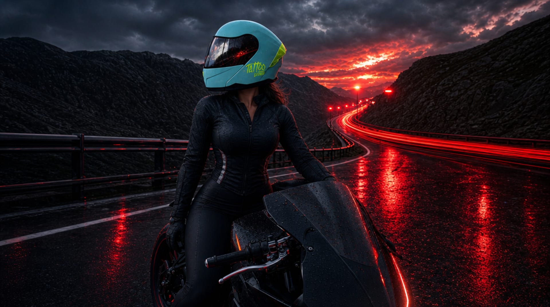 Motociclista con casco Tattoo en carretera de montaña al atardecer