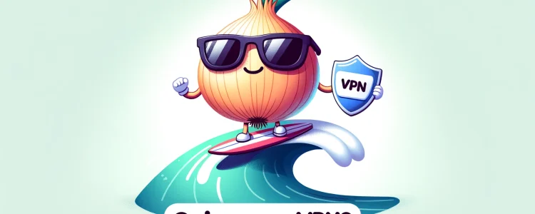 a cute cartoony onion riding a wave holding a vpn symbol