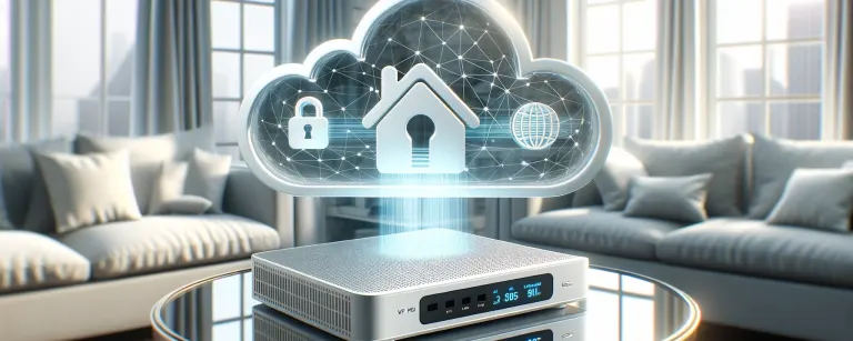 Photo of an airy, well-lit room with large windows. In the center, a VPN router stands on a glass table. Above the router, a 3D rendered cloud shows data being encrypted and transmitted, with symbols of a house and a padlock floating beside, symbolizing the home-based security benefits of a VPN router.