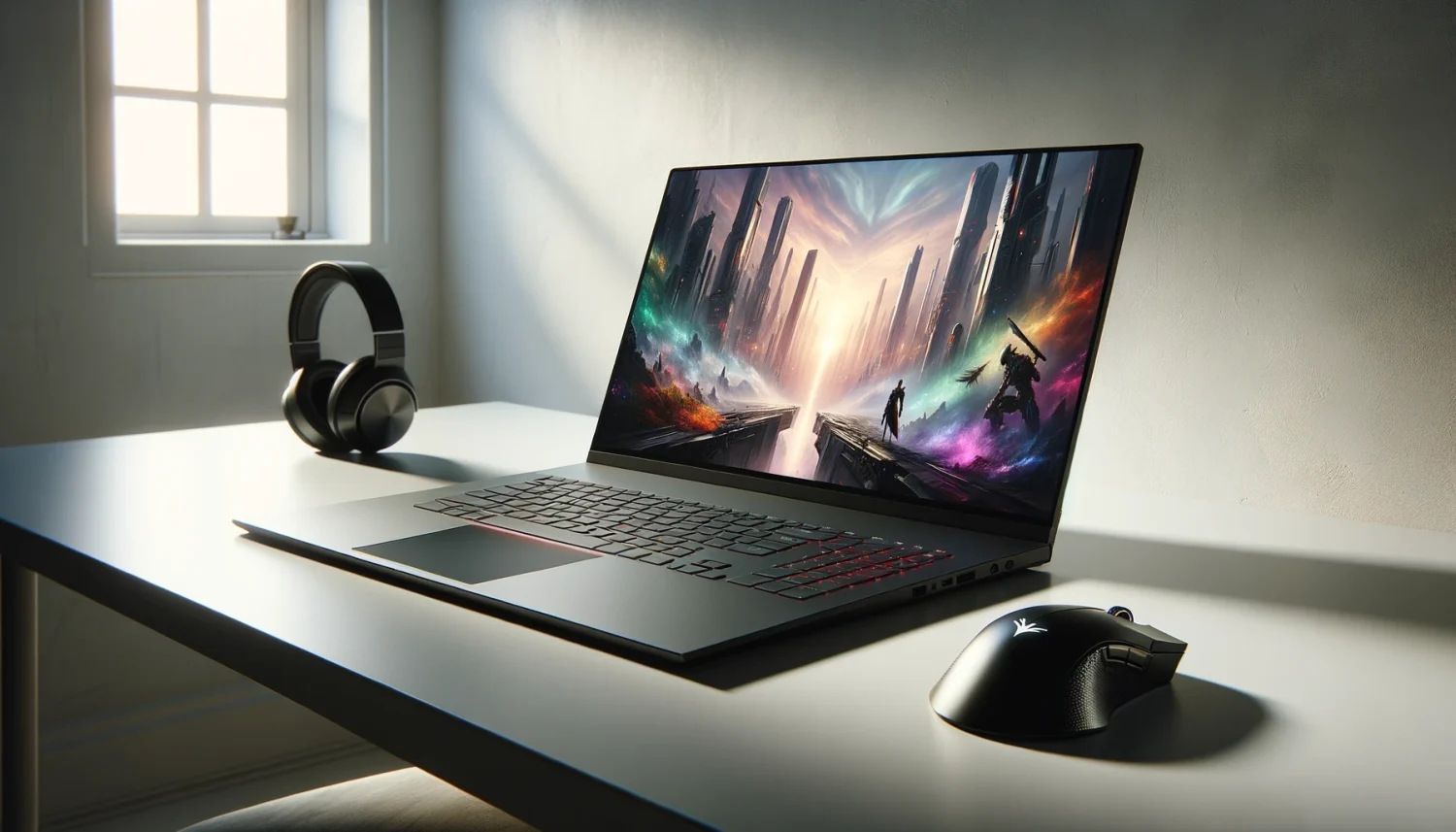 Photo of a sleek, modern laptop on a clean, white desk. The laptop screen shows a vibrant, high-resolution game with stunning graphics depicting a futuristic cityscape. There's a minimalist black gaming mouse to the right of the laptop and a pair of high-end headphones to the left. The background is a stark, white wall with subtle natural light casting soft shadows on the desk, emphasizing the simplicity and focus on the gaming setup.