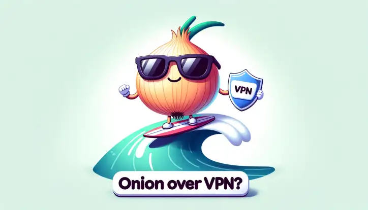 a cute cartoony onion riding a wave holding a vpn symbol