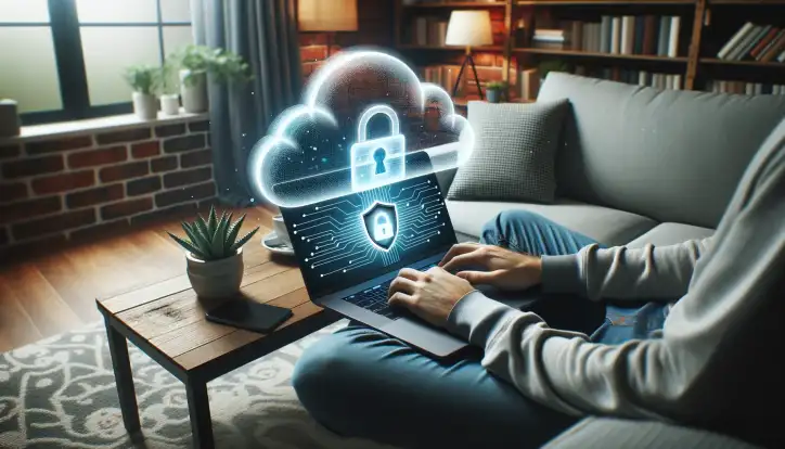 a man sitting at home working on a laptop, with a floating vpn cloud symbol floating above