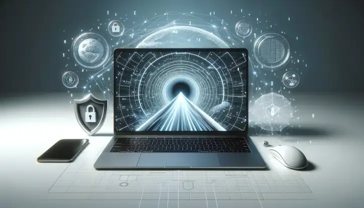 Photo of a clean, minimalist workspace with a laptop on a desk. The laptop screen showcases a 3D rendered animation of a VPN tunnel with encrypted data flowing through it. Around the laptop, 3D icons of a tunnel entrance, a shield, and binary code float, highlighting the VPN tunneling concept.