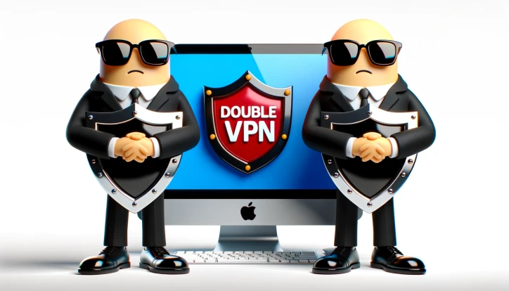 two cartoony characters in black suits wearing sunglasses holding a shield guarding an iMac