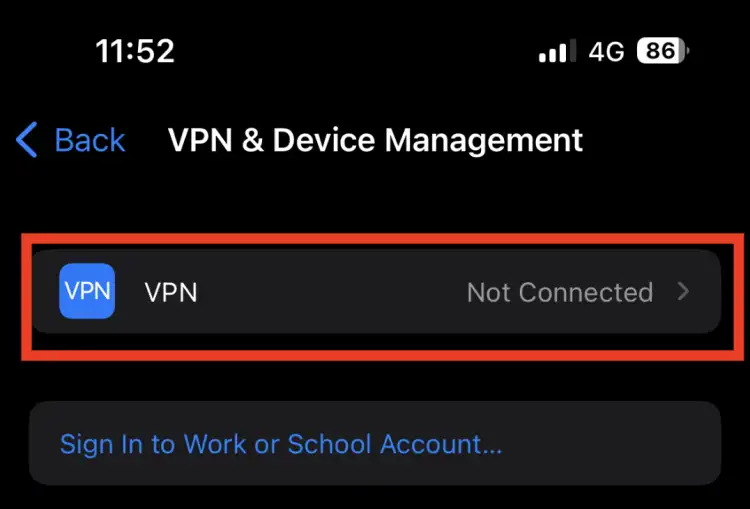 a screenshot of the vpn section of the general section of the settings app on iphone