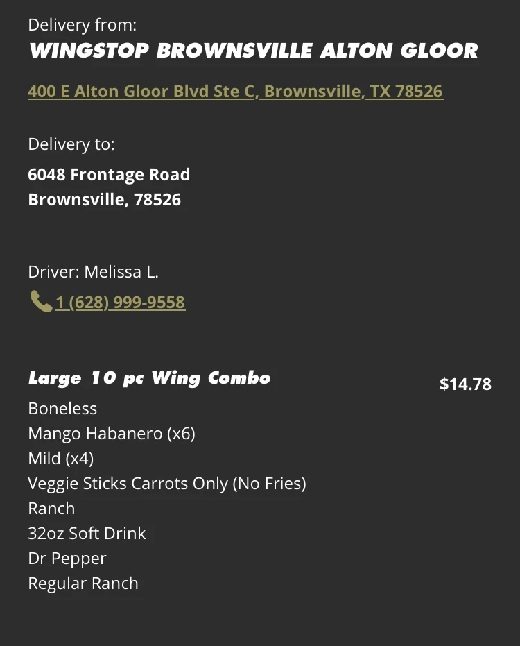 Wingstop food and storefront view at 400 E Alton Gloor Blvd Ste C in Brownsville, Texas