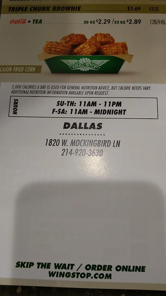 Wingstop food and storefront view at 1820 W. Mockingbird Ln in Dallas, Texas