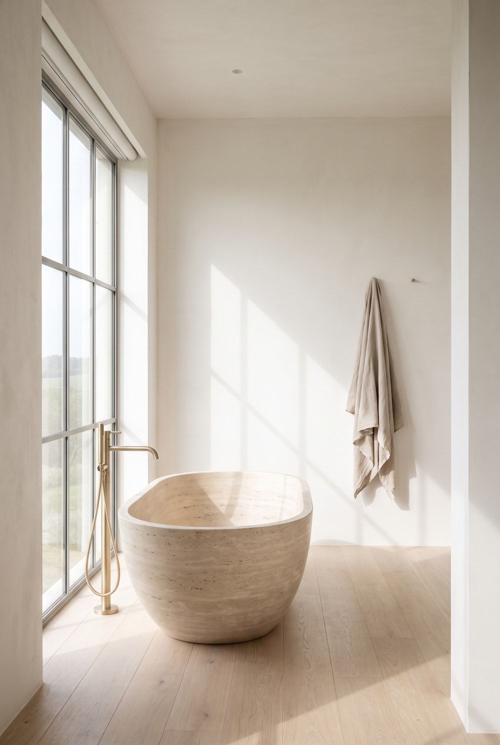 A freestanding travertine bath beside a tall window in soft morning light.