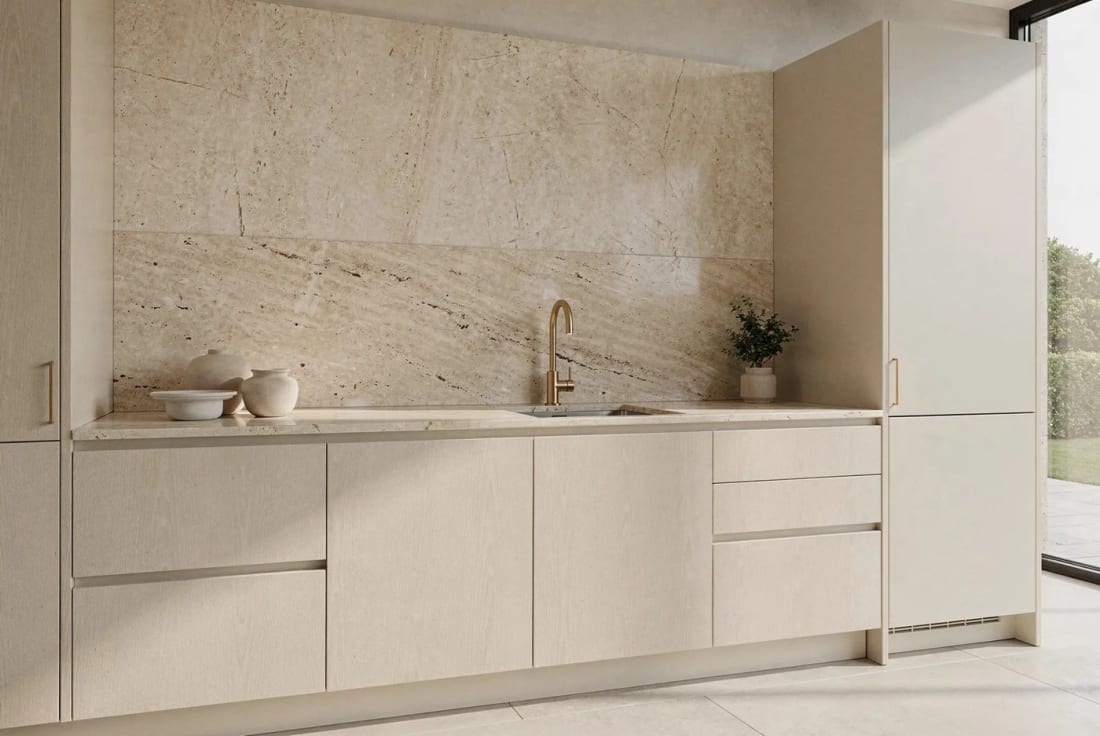 Pale travertine, low light.