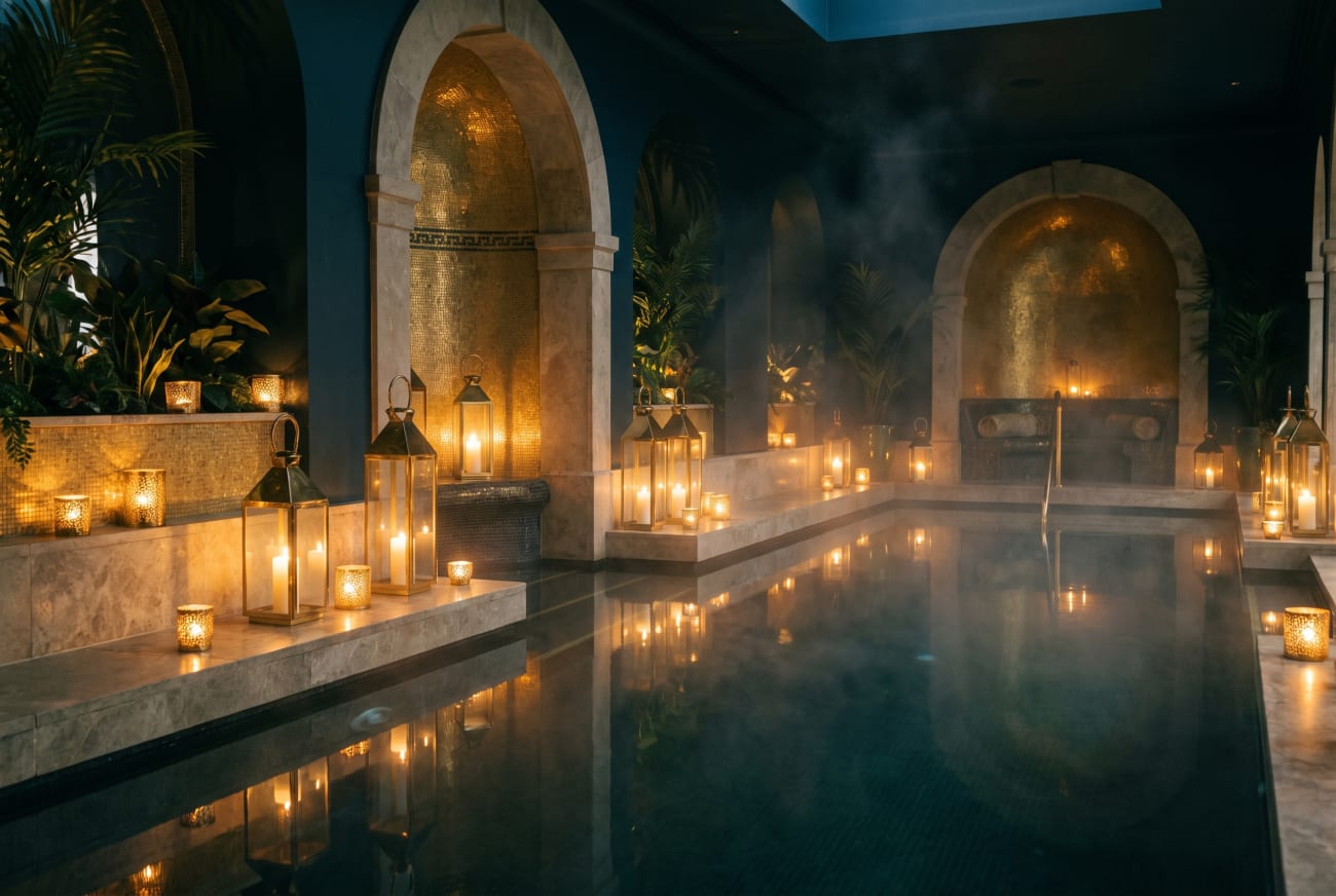 The candle-lit spa pool at the Aether hotel.