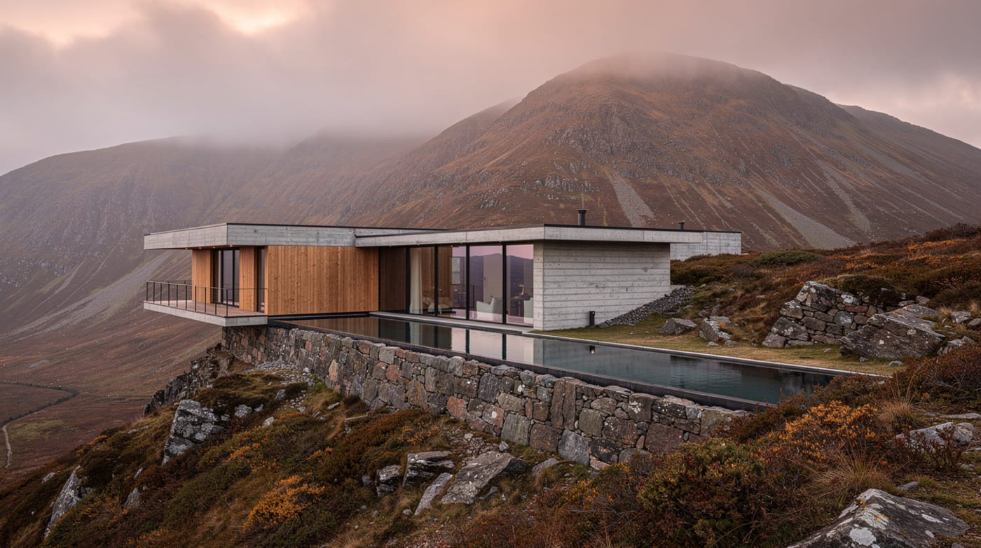 The Ridge House at dawn — a concrete, oak and glass house set into a Welsh mountainside.