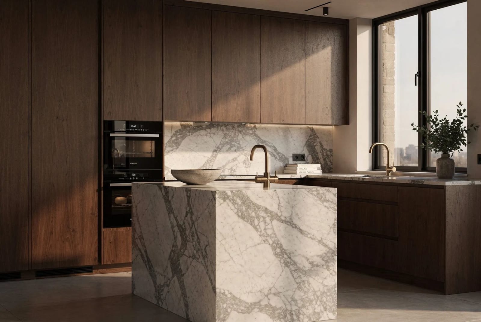 GRAIN — a bespoke walnut and Calacatta kitchen.