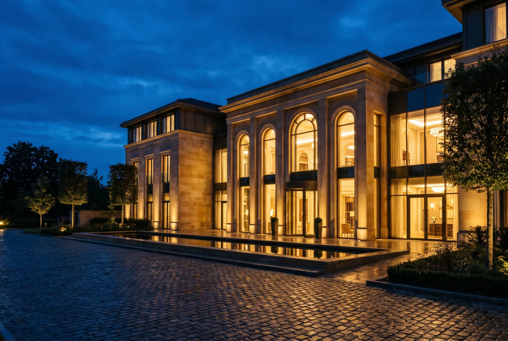 The Aether hotel at dusk.