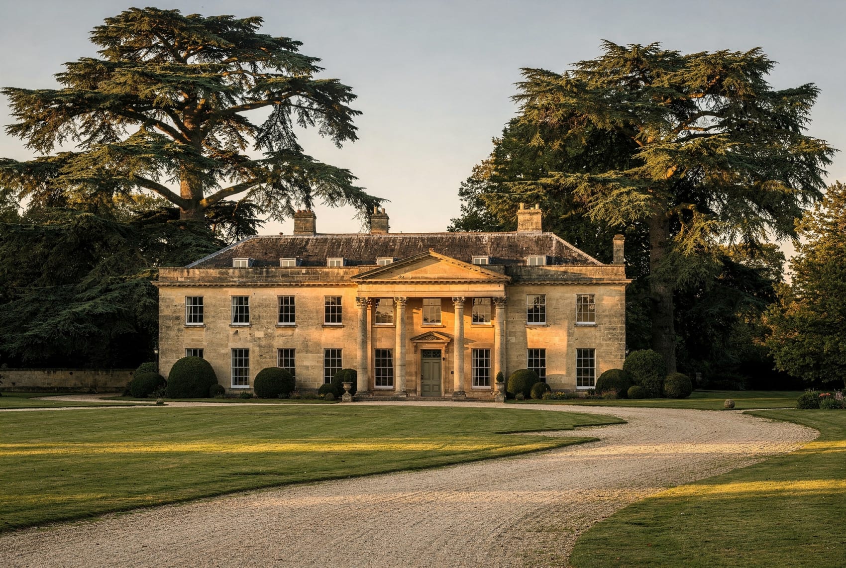 A handsome Georgian country house in evening light.