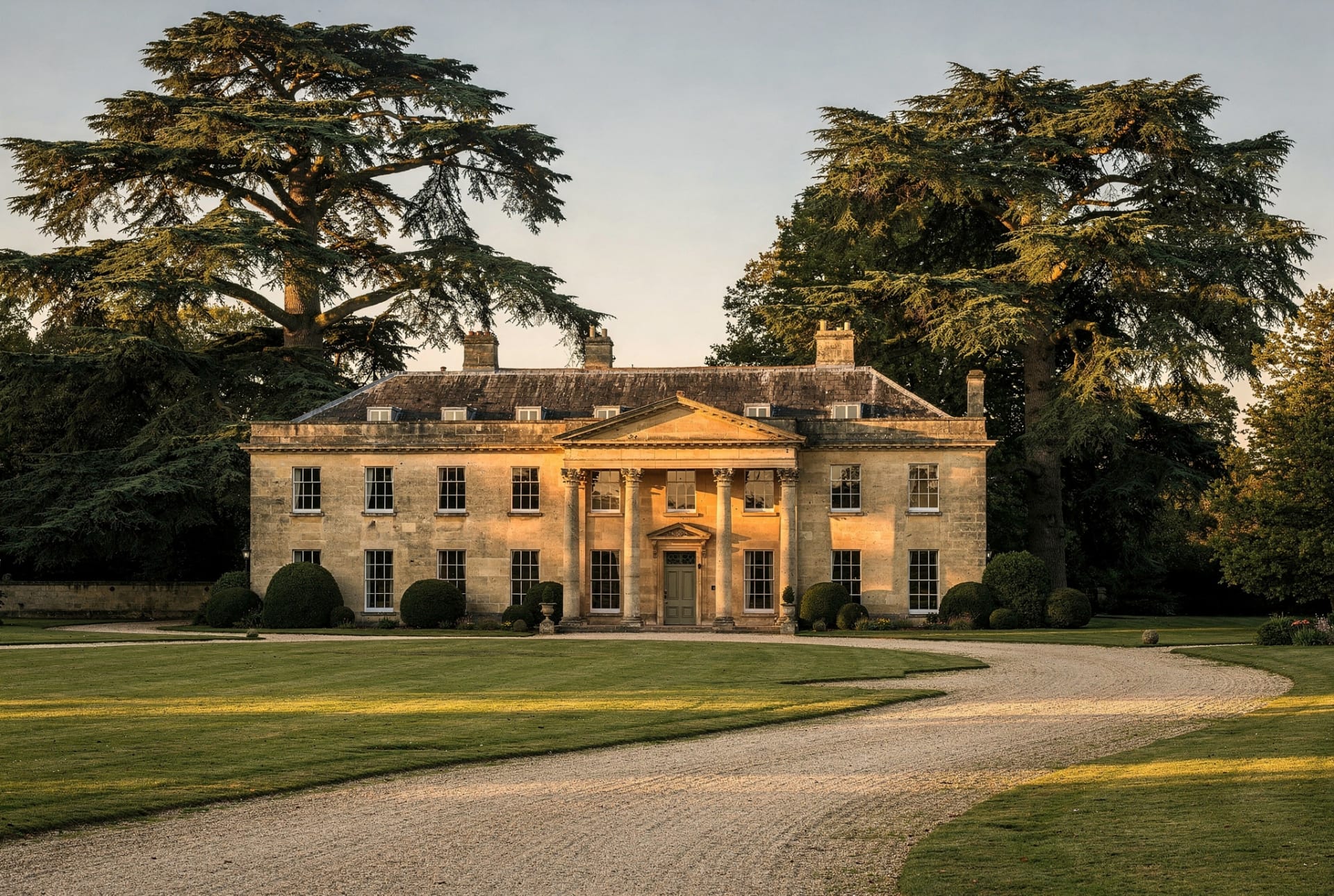 A handsome Georgian country house in soft evening light, set in mature parkland.