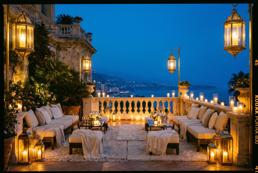 The terrace at dusk.