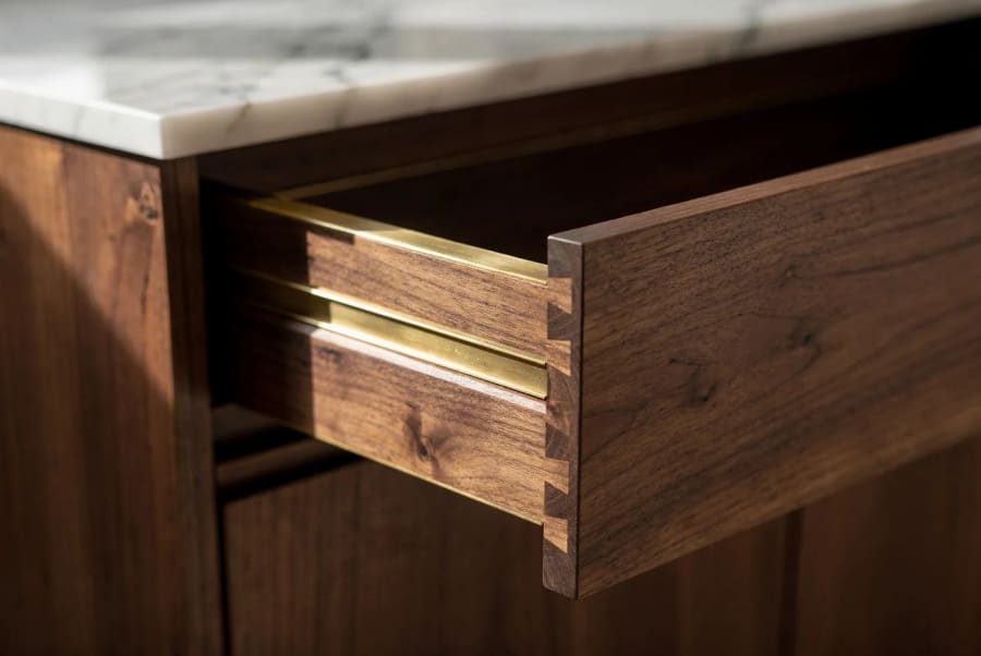 Hand-cut dovetails and a brass runner.