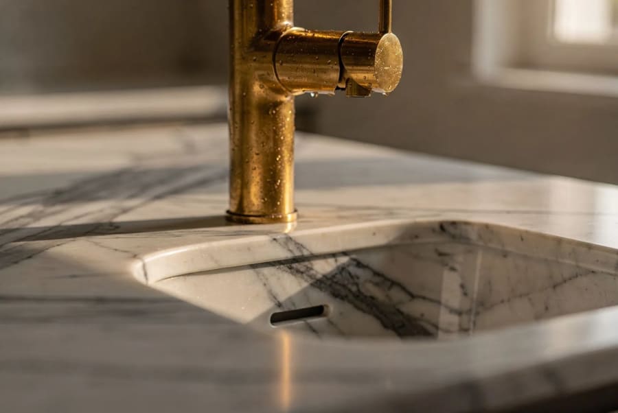 An aged-brass tap over a marble basin.