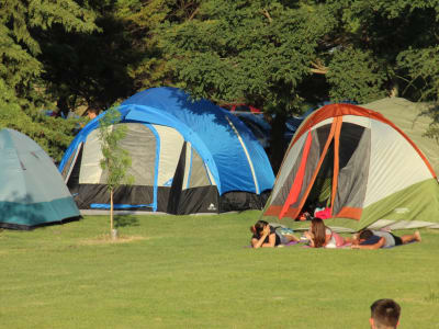 Carpas de campistas entre los árboles al atardecer en Corral de Pirca