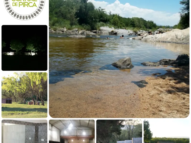 Collage de fotos del camping Corral de Pirca: parcelas arboladas, instalaciones y el río Los Reartes