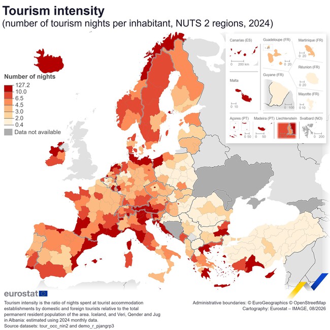 El mapa que revela la presión turística en Europa: 3.000 millones de noches y un 10% del territorio desbordado