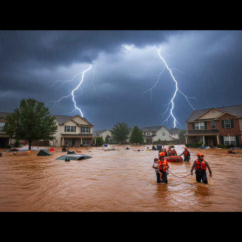 Flash flood warning alert on digital screen