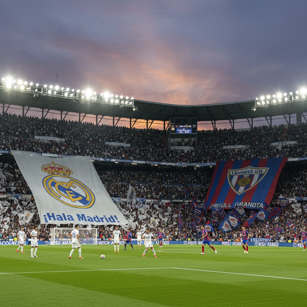 Real Madrid and Levante players battling for the ball