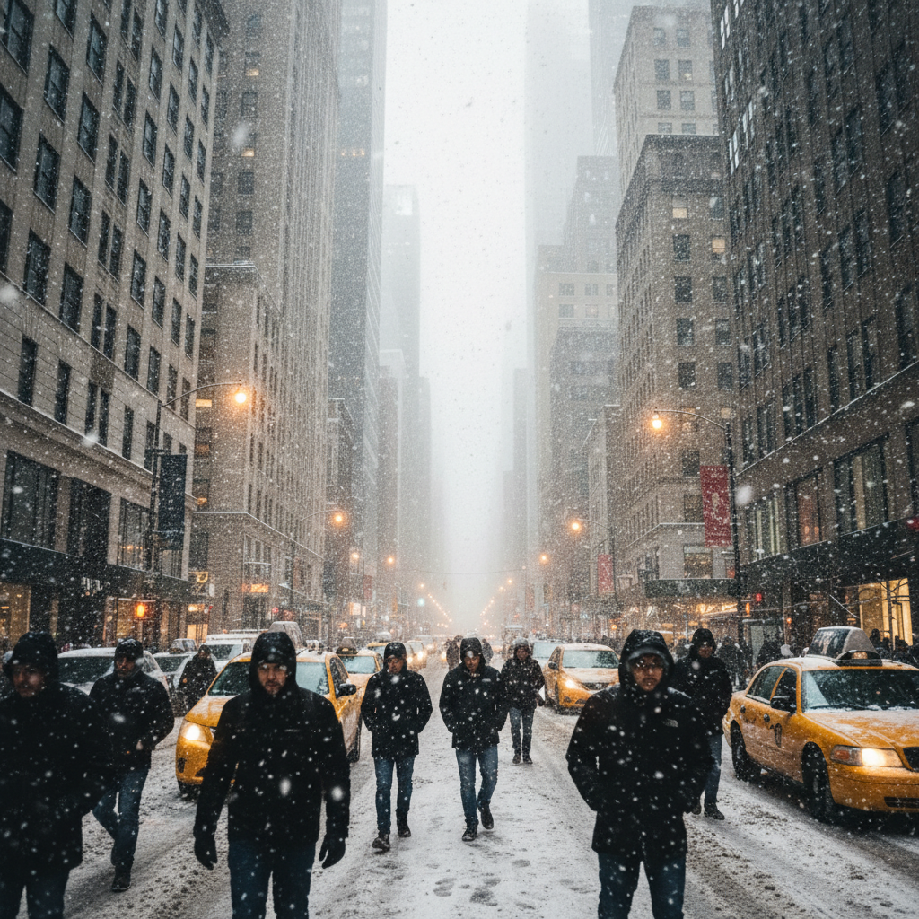 Snow covered New York City street during a snow storm