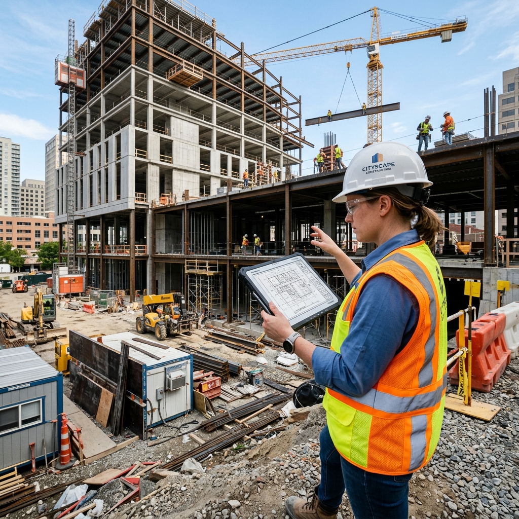 Project engineer using a tablet at an active construction site with safety standards properly represented.