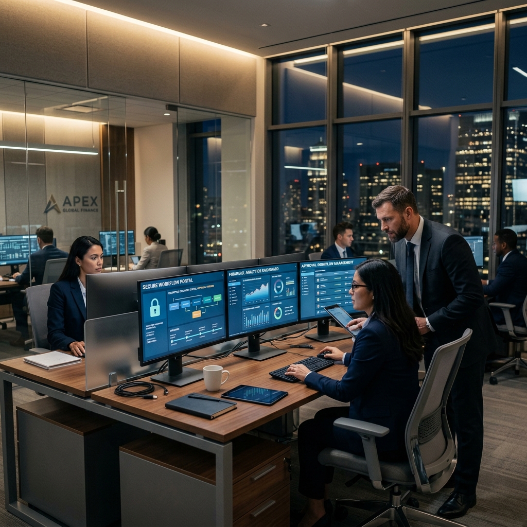Premium financial office environment where staff review encrypted document workflows and analytics.