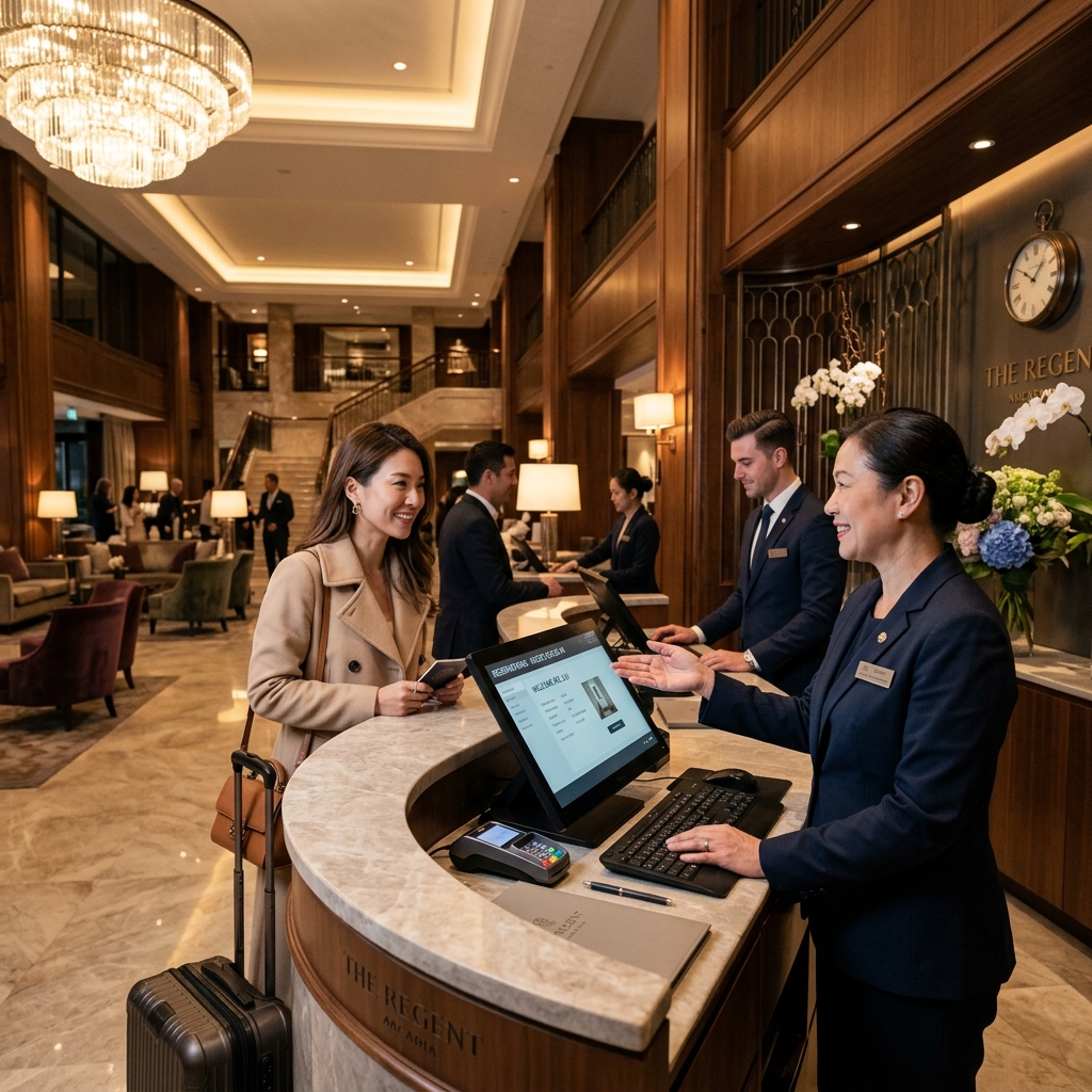 Premium hotel reception environment where staff manage reservations using property management software.