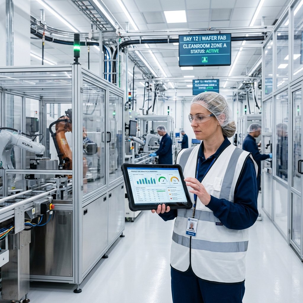 Active, clean manufacturing environment with a production supervisor reviewing telemetry on a tablet.
