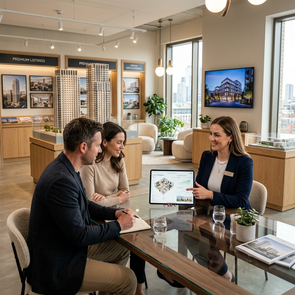 Modern property showroom environment with an agent reviewing listings and floor plans on a tablet.