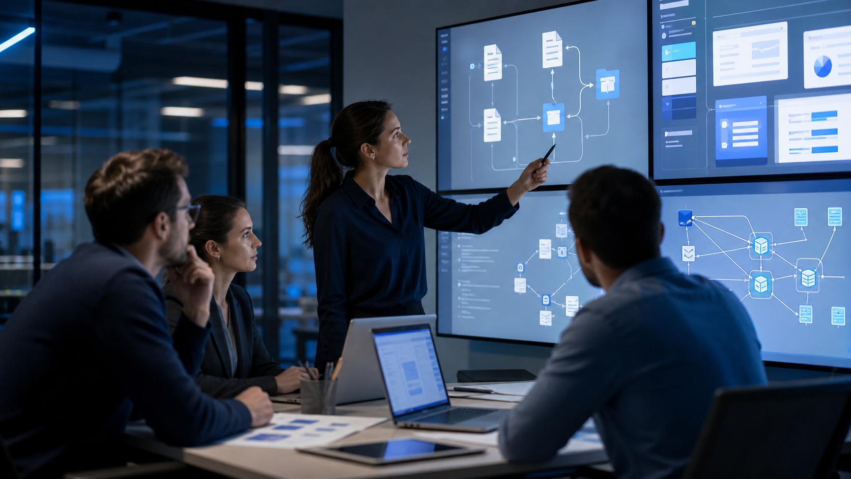 Automation team reviewing AI-assisted workflow and data pipeline diagrams