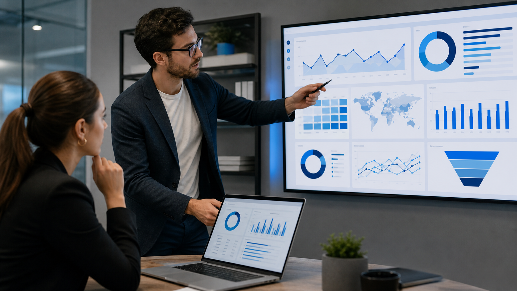 Marketing team reviewing campaign analytics, funnel performance, and search visibility