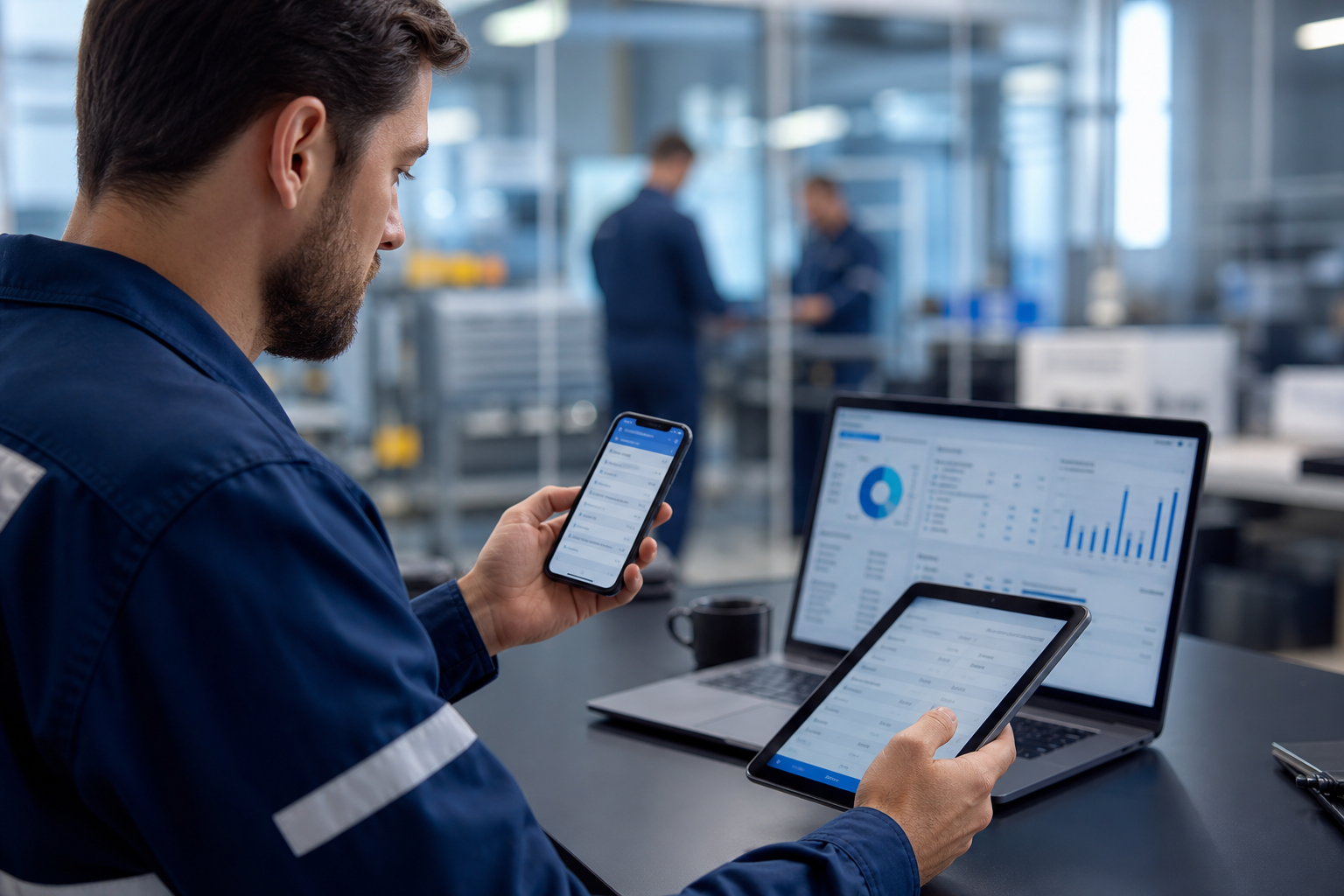 Operational team reviewing mobile workflows connected to business dashboards
