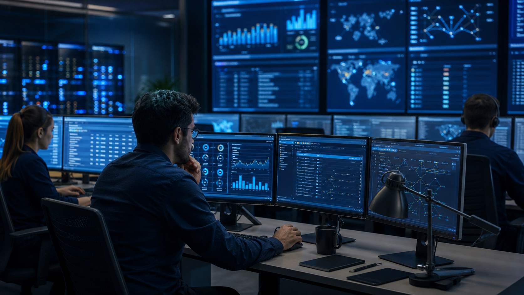 Support engineers monitoring production systems and incident dashboards