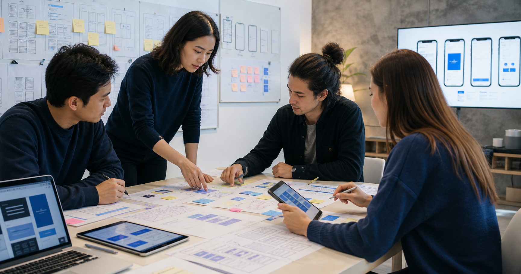 Design team planning user journeys with wireframes, prototypes, and product screens