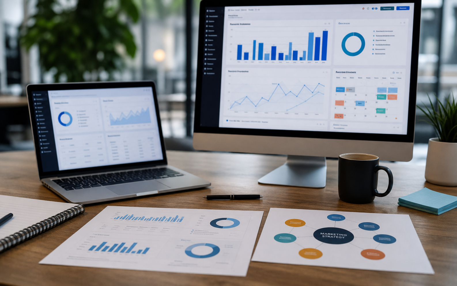Digital campaign, content, and analytics dashboards displayed across connected screens