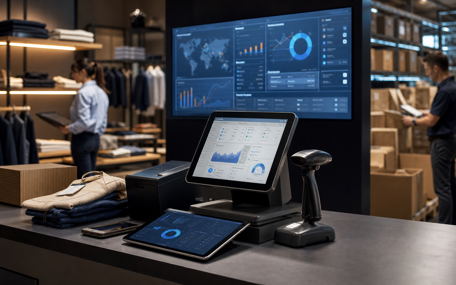 Business operations dashboard and point-of-sale interface displayed across multiple screens