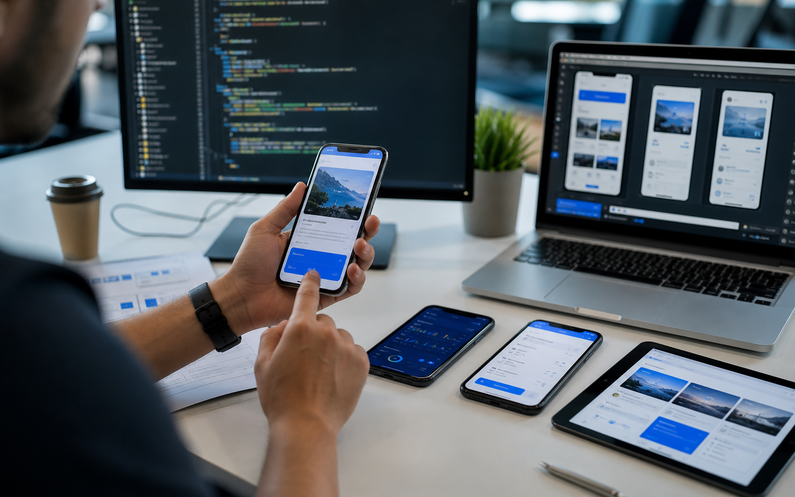 Mobile and tablet business applications shown beside a connected desktop platform