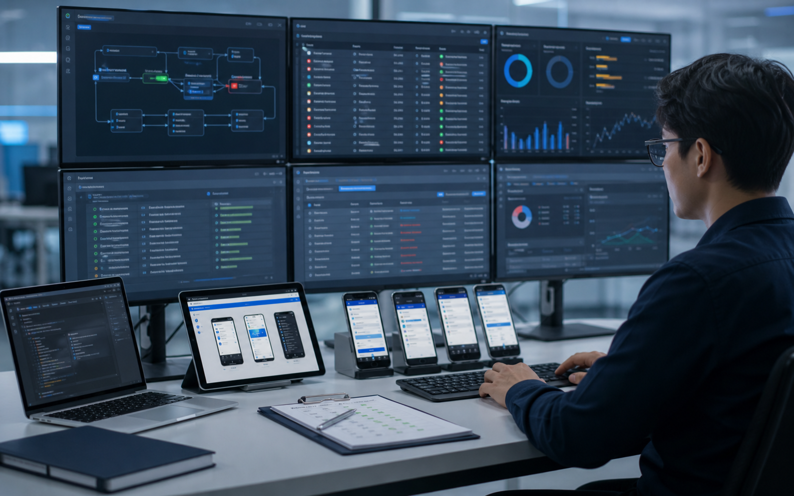 Software quality review taking place across connected laptops