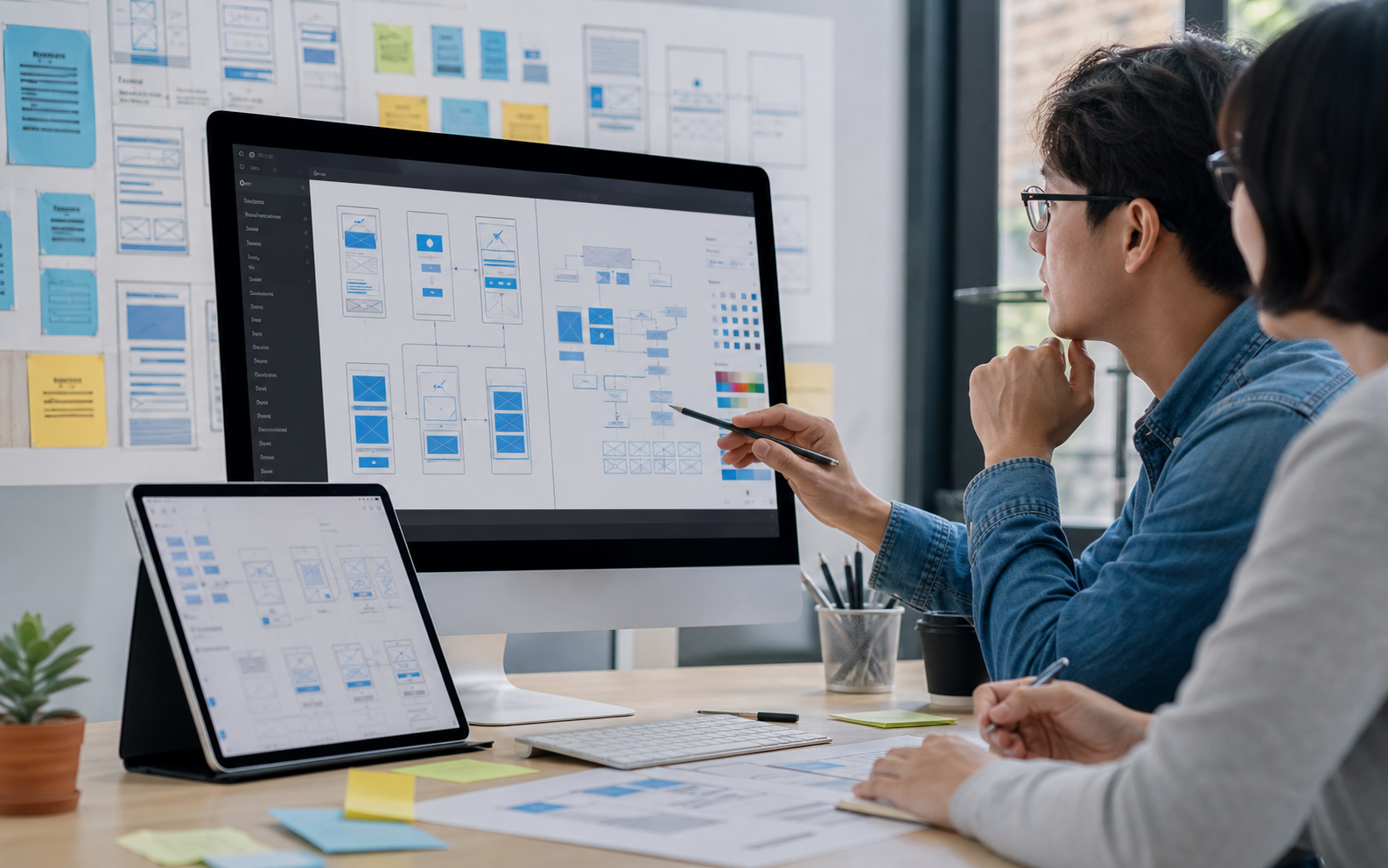 Product planning workspace with interface sketches, laptops, and design materials