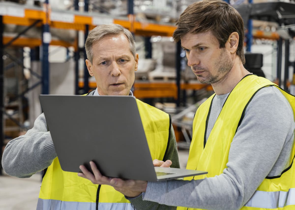 Equipo de logística trabajando con laptop en bodega revisando cotizaciones y pedidos
