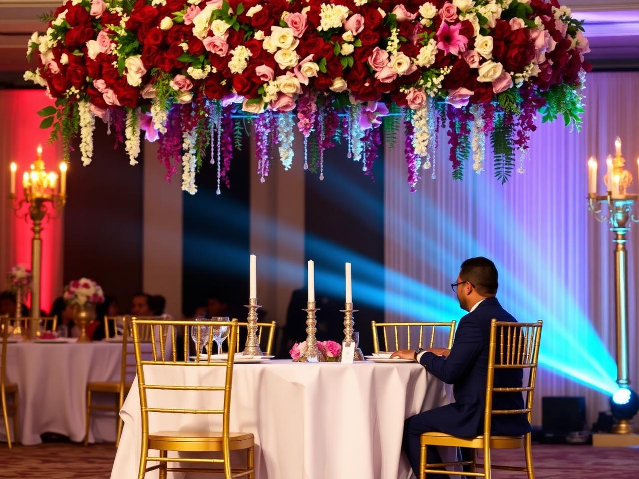 Reception sweetheart table with floral overhead