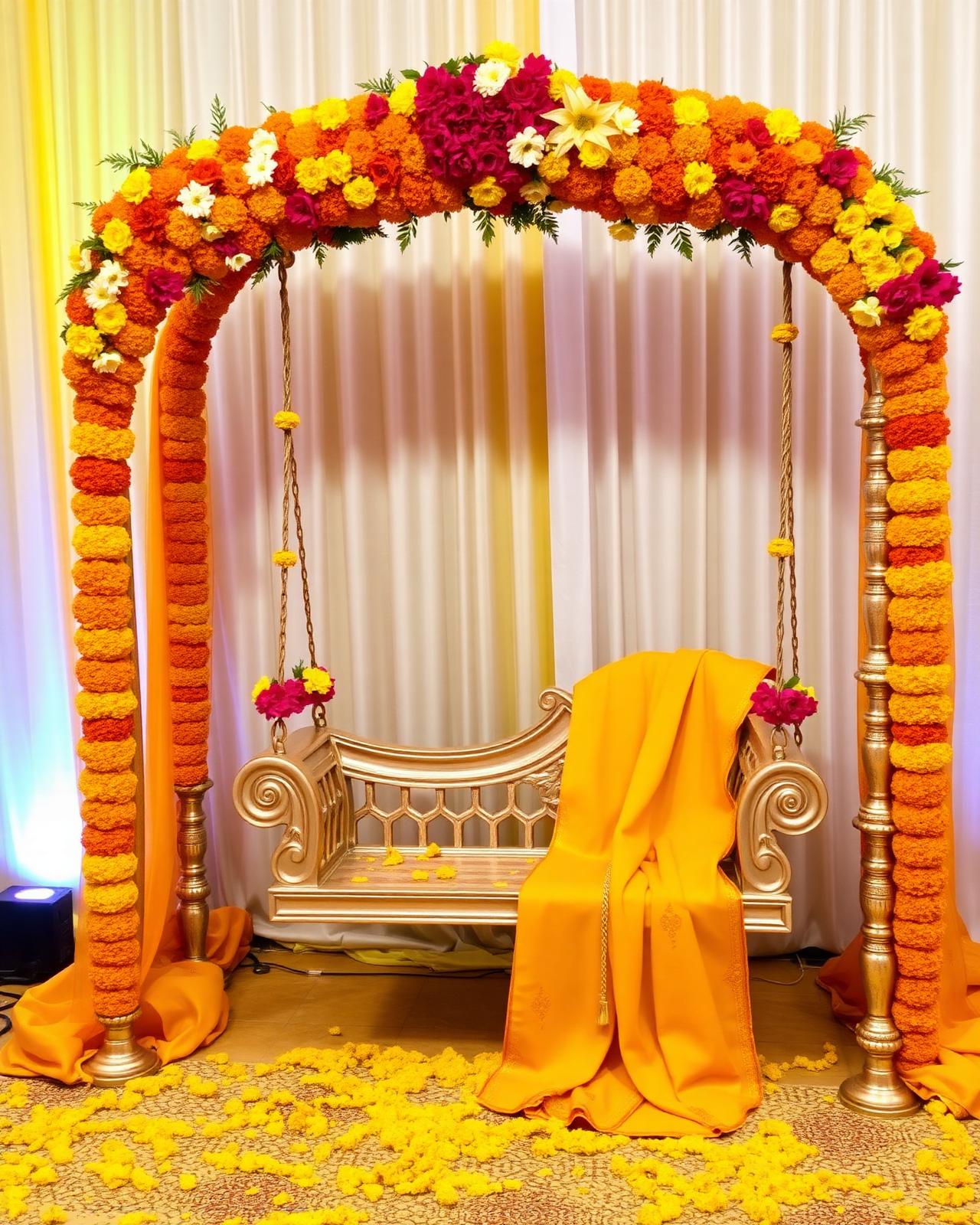 Haldi ceremony decor with marigold arch